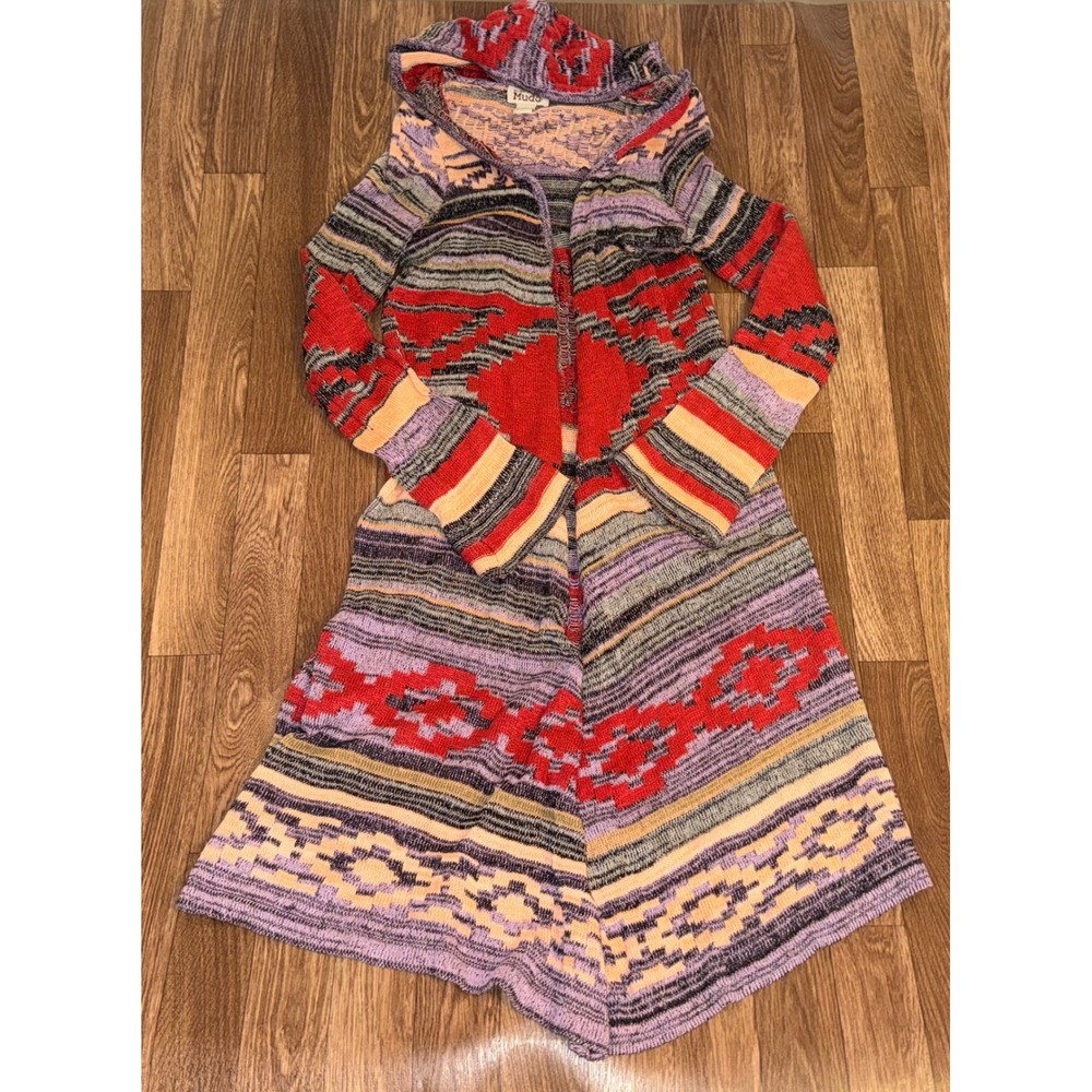 Mudd Womens Southwestern Hooded Cardigan Sweater Red‎ Purple Geometric Duster S